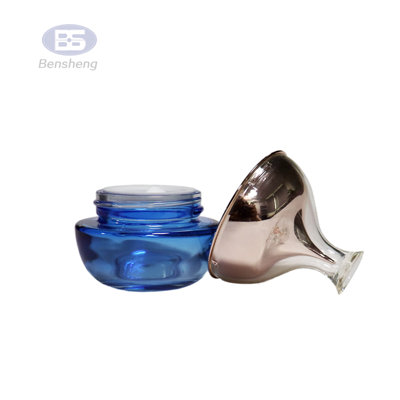High end luxury 30ml 35ml 40ml 50 ml 100 ml 120ml 150 ml blue color cosmetic cream glass bottle and jar with aluminum pump cap