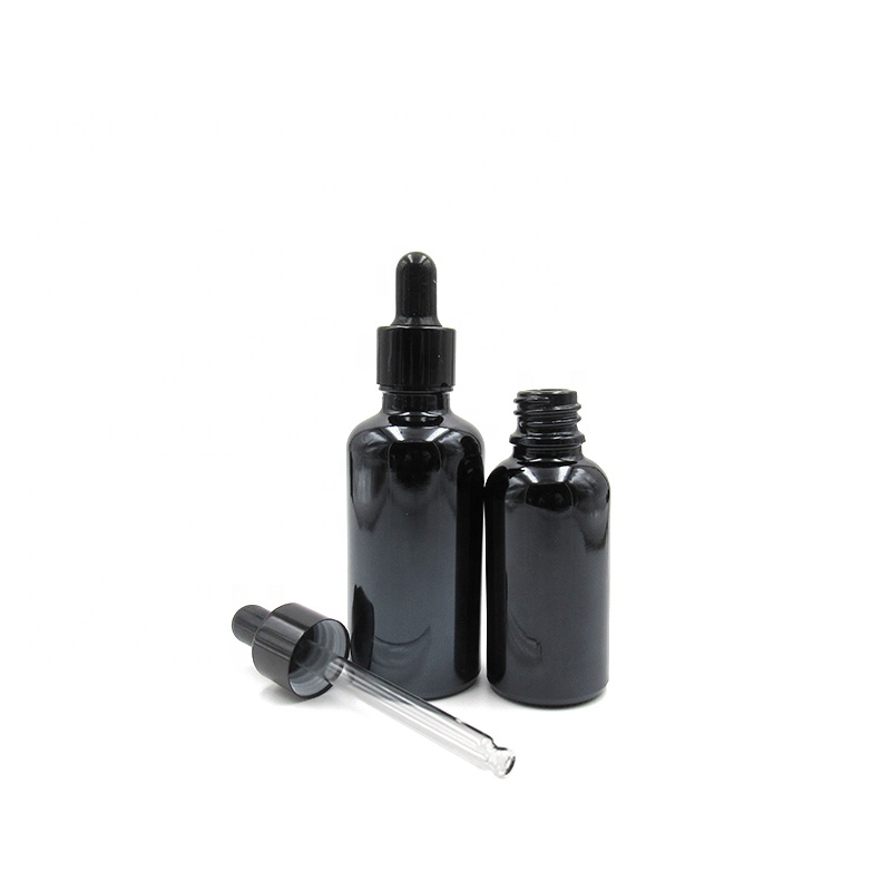 High end multi color 1oz 30ml 50ml 100ml matte shiny black glass dropper bottle for essential massage oil packaging