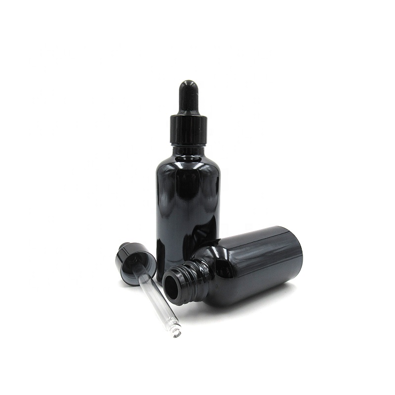 High end multi color 1oz 30ml 50ml 100ml matte shiny black glass dropper bottle for essential massage oil packaging