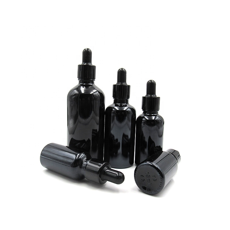 High end multi color 1oz 30ml 50ml 100ml matte shiny black glass dropper bottle for essential massage oil packaging
