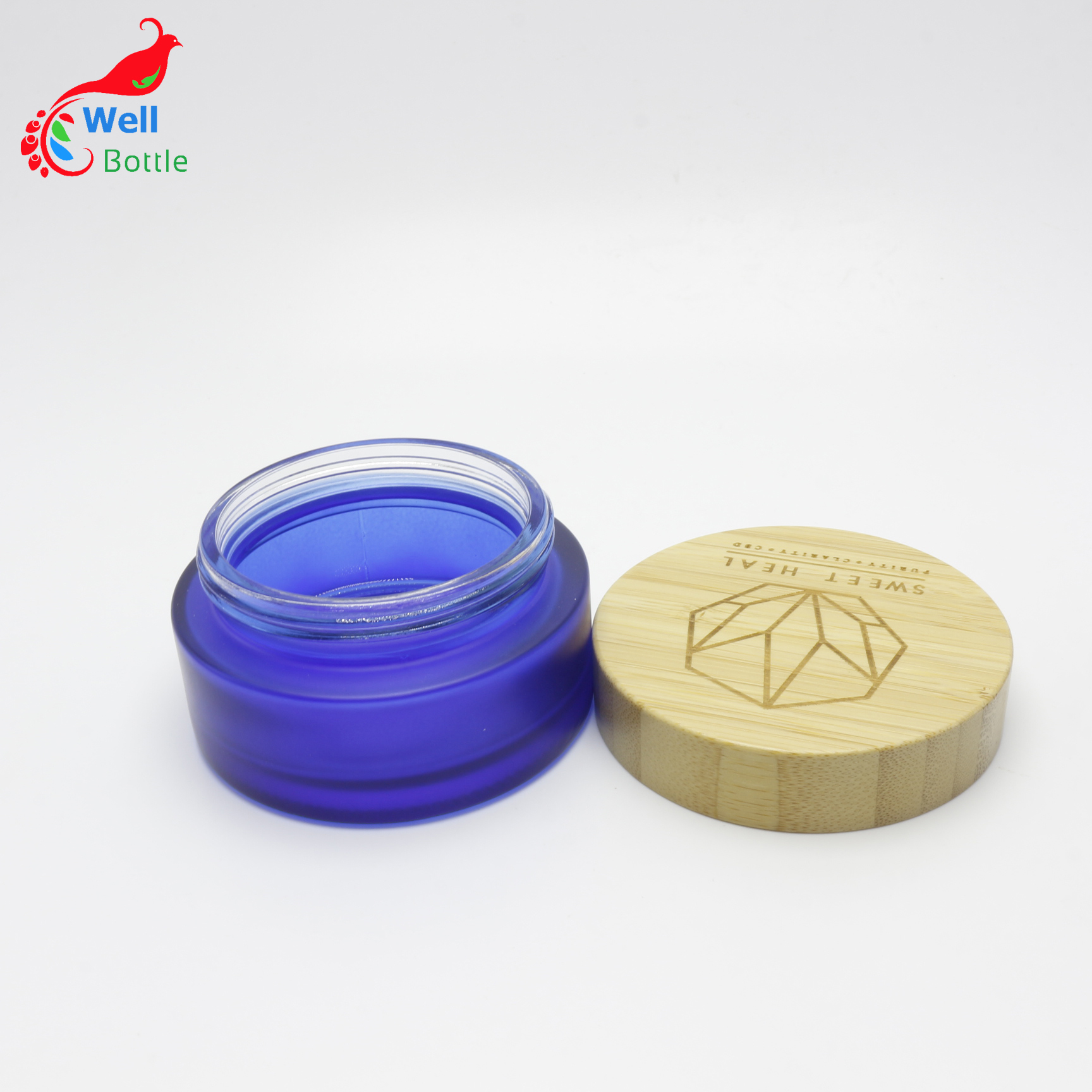 High fashion biodegradable cosmetic packaging 50ml frosted blue glass jar with bamboo lid for massage cream J120E