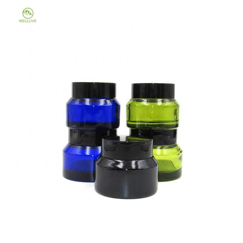High grade 15g 30g 50g amber green blue oblique shoulders make up packaging cosmetic glass jar with black lid