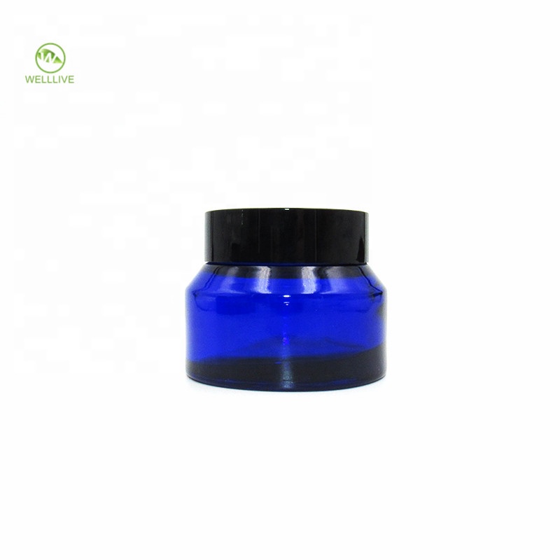 High grade 15g 30g 50g amber green blue oblique shoulders make up packaging cosmetic glass jar with black lid