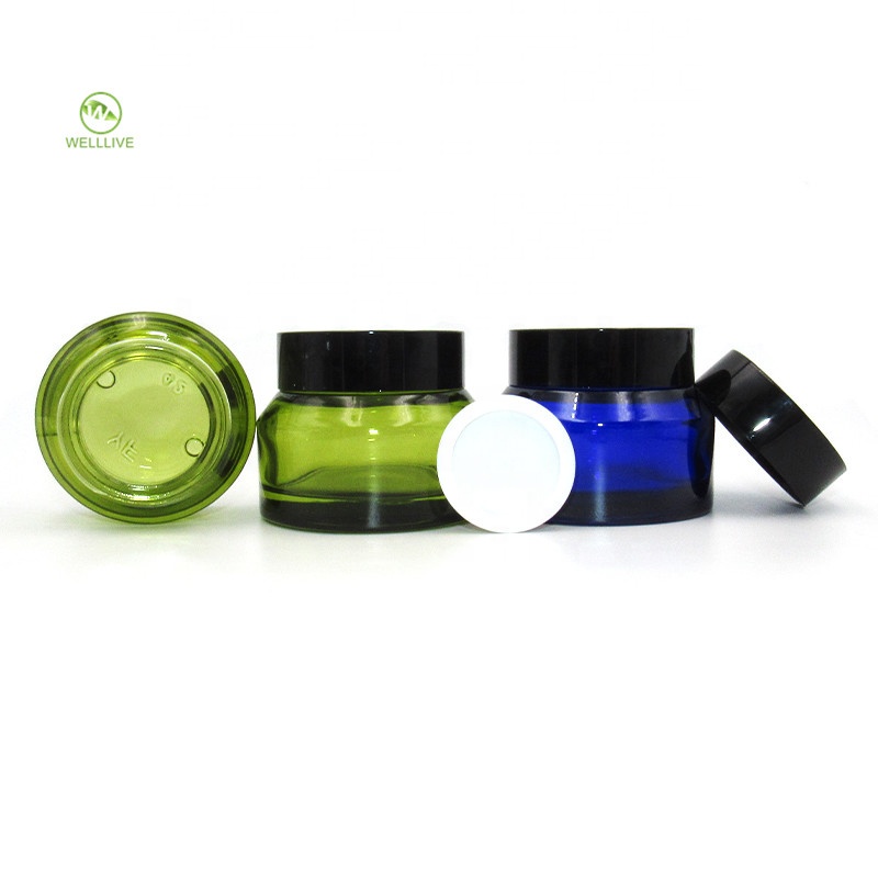 High grade 15g 30g 50g amber green blue oblique shoulders make up packaging cosmetic glass jar with black lid