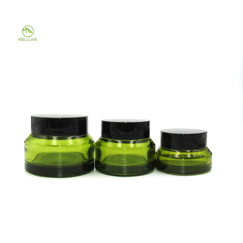 High grade 15g 30g 50g amber green blue oblique shoulders make up packaging cosmetic glass jar with black lid