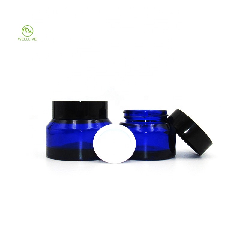 High grade 15g 30g 50g amber green blue oblique shoulders make up packaging cosmetic glass jar with black lid