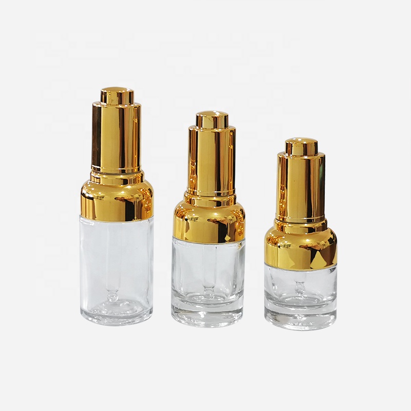 High grade 20ml 30ml 50ml empty golden shoulder glass press pump dropper bottle with rubber for essential oil
