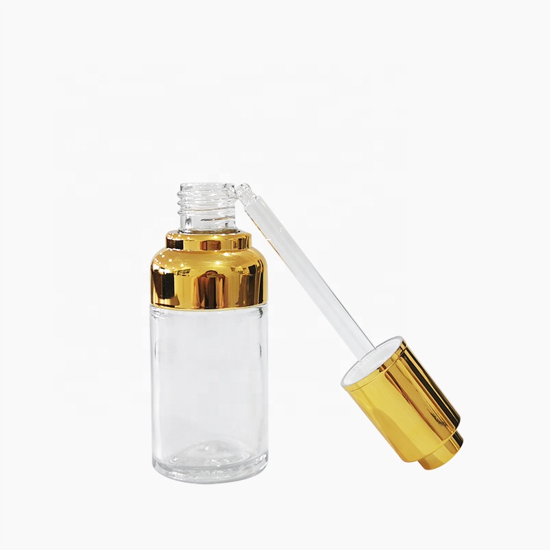 High grade 20ml 30ml 50ml empty golden shoulder glass press pump dropper bottle with rubber for essential oil