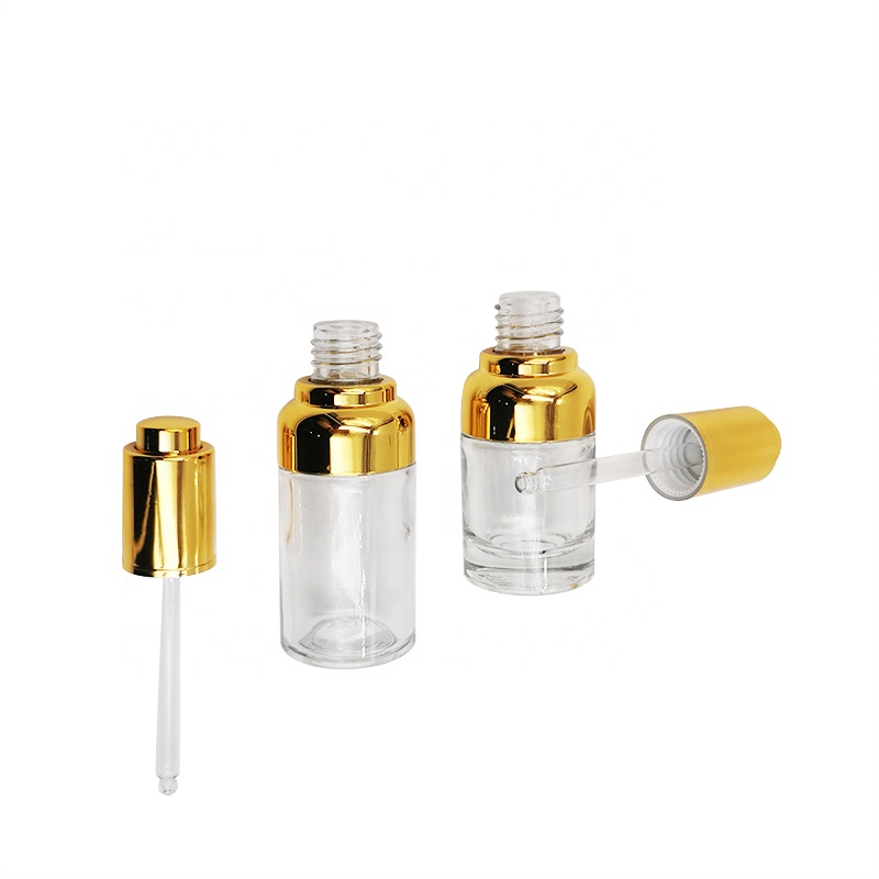 High grade 20ml 30ml 50ml empty golden shoulder glass press pump dropper bottle with rubber for essential oil