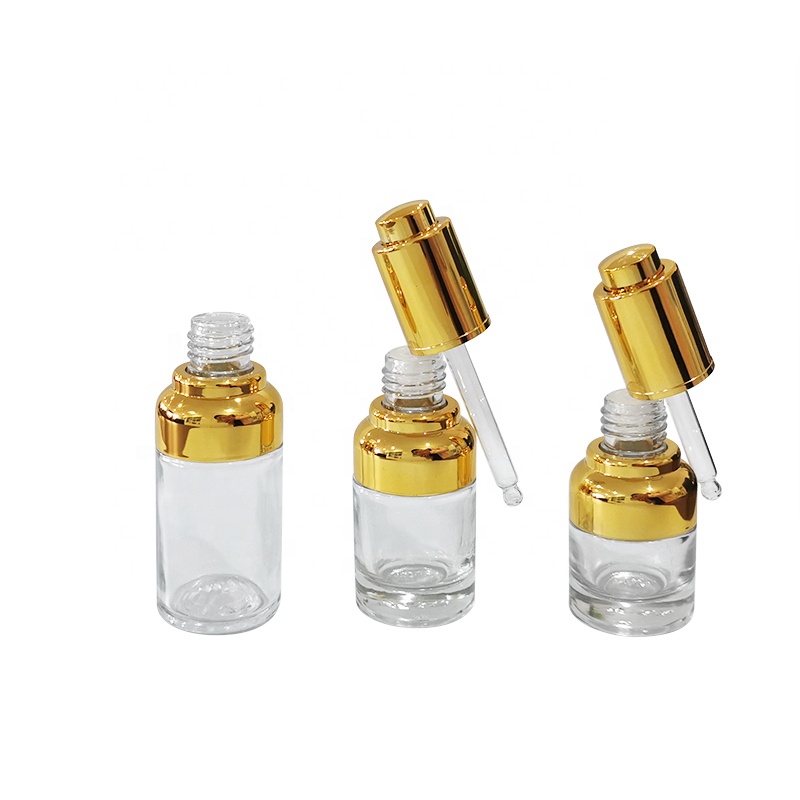 High grade 20ml 30ml 50ml empty golden shoulder glass press pump dropper bottle with rubber for essential oil