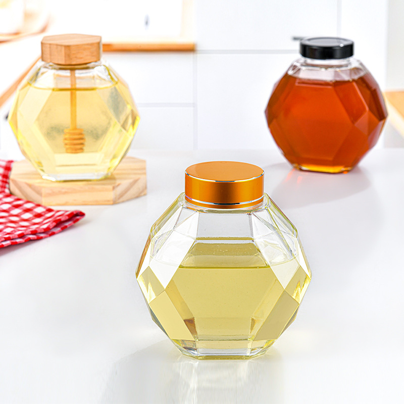 High grade hexagon glass honey jar honey bottle container pot with wooden honey stick spoon