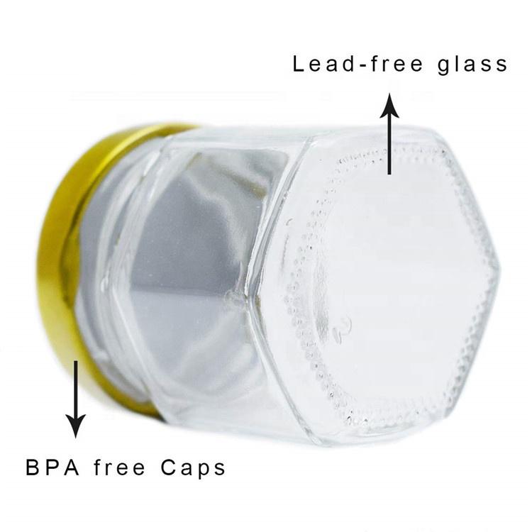 High quality 1.5oz 45ml Hexagon Mini Glass Jars with Gold Lid for Gifts Wedding Favors Honey Jams