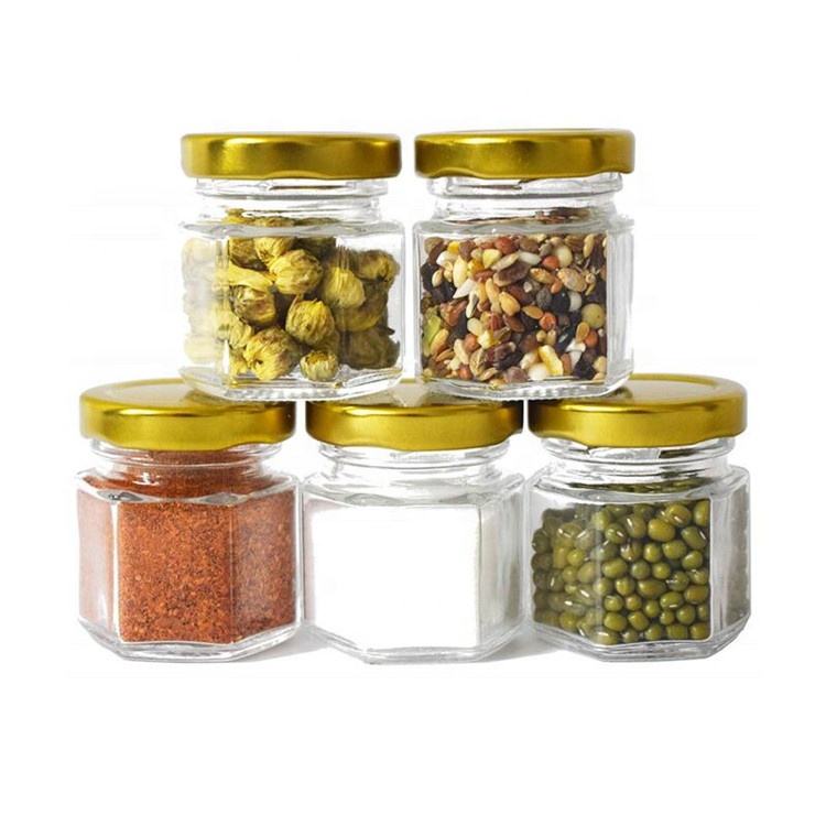High quality 1.5oz 45ml Hexagon Mini Glass Jars with Gold Lid for Gifts Wedding Favors Honey Jams