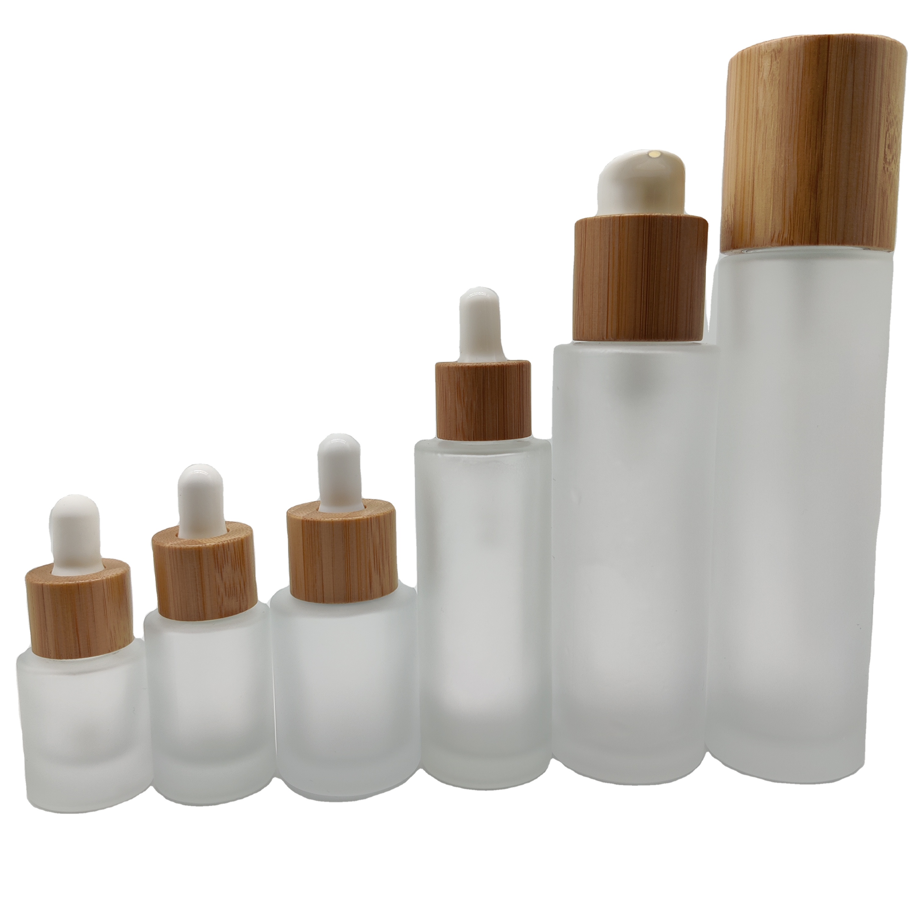 High quality 1 oz 1/2 oz 1 fl oz 2 oz 4 oz bamboo pump/dropper empty  frosted round  glass bottles for cosmetics