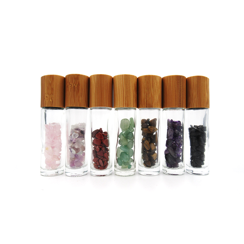 High quality 10ml gemstone crystal roller ball lip gloss roll on bottle with bamboo lid