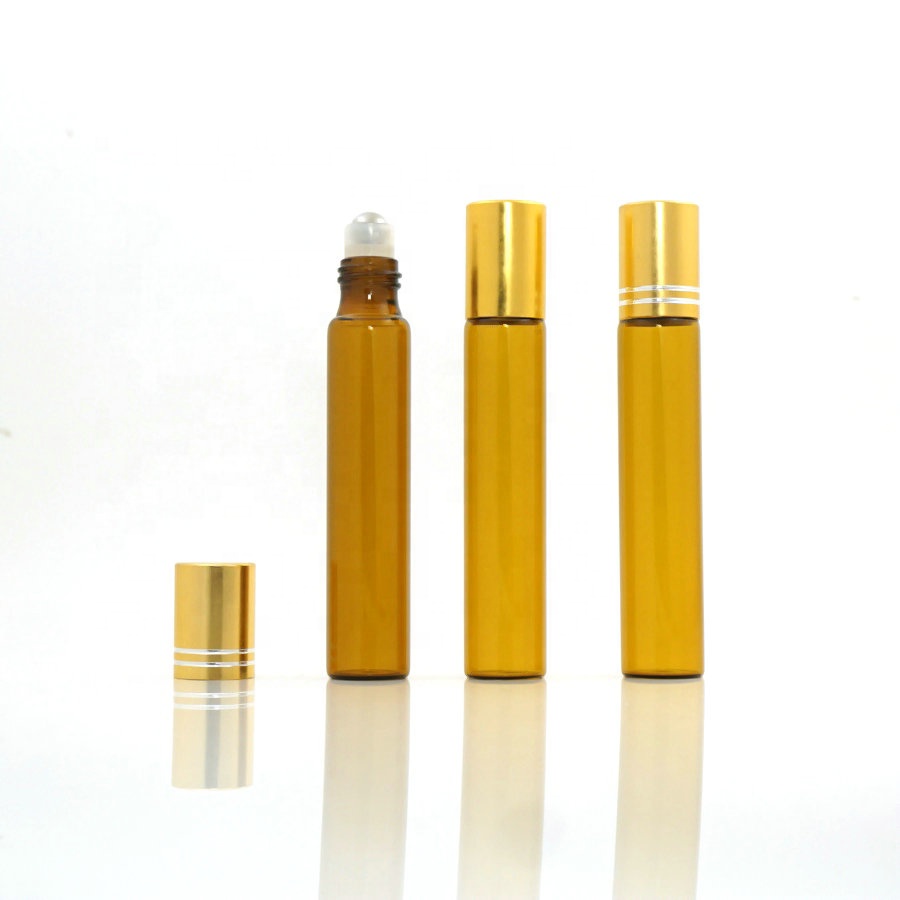 High quality 10ml skincare cream amber perfume glass roller bottle with golden cap