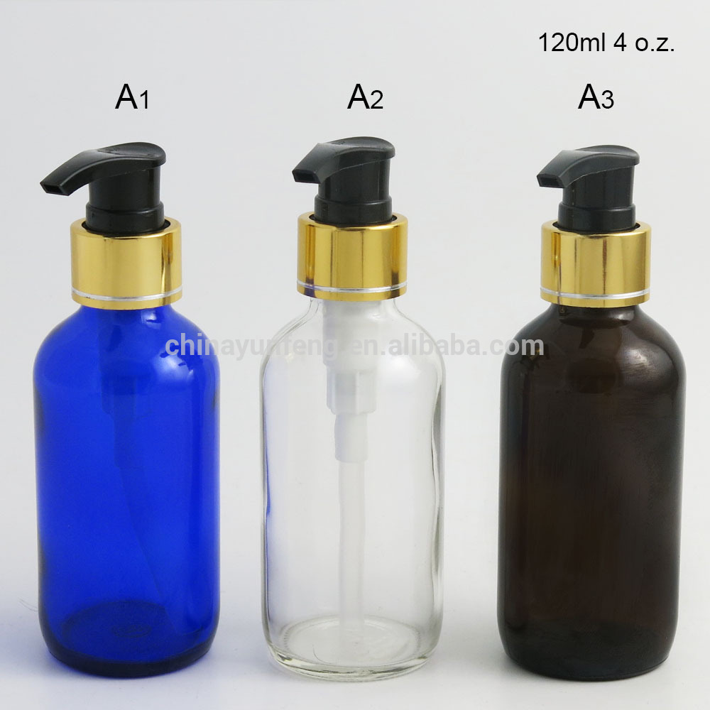 High quality 120ml 4oz Amber Boston Round Glass Bottle With Plastic Pump