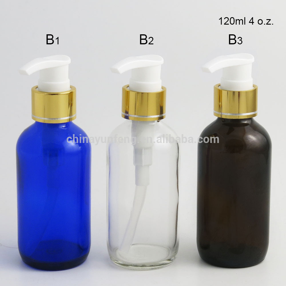 High quality 120ml 4oz Amber Boston Round Glass Bottle With Plastic Pump