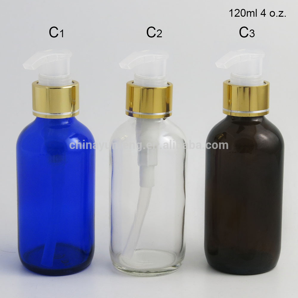 High quality 120ml 4oz Amber Boston Round Glass Bottle With Plastic Pump