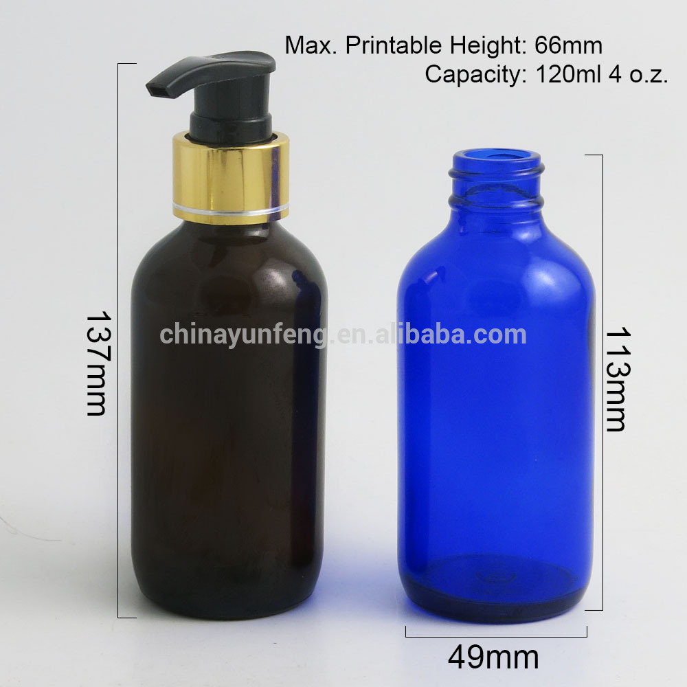 High quality 120ml 4oz Amber Boston Round Glass Bottle With Plastic Pump