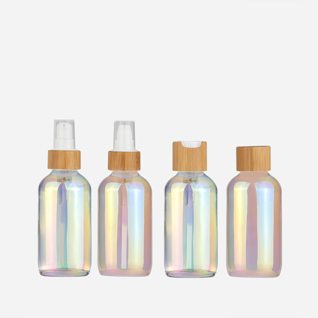 High quality 1oz 2oz 3oz 5oz boston round glass cosmetic lotion pump Bamboo cap bottle for sale
