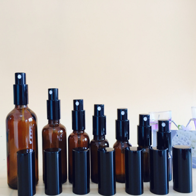 High quality 1oz 2oz glass amber essential oil bottles with black fine mist sprayer