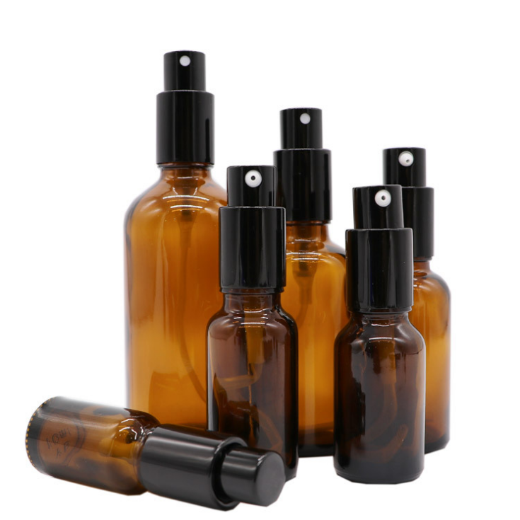 High quality 1oz 2oz glass amber essential oil bottles with black fine mist sprayer