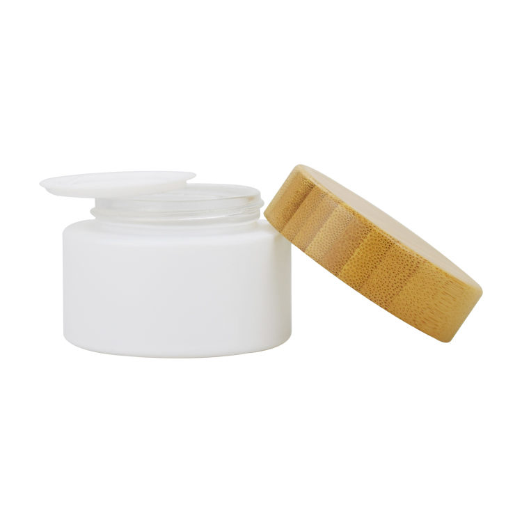 High quality 1oz 30ml engraving LOGO bamboo cream jar 5g 10g 20g 30g 50g 100g gold hot stamping matte white glass jar bamboo lid
