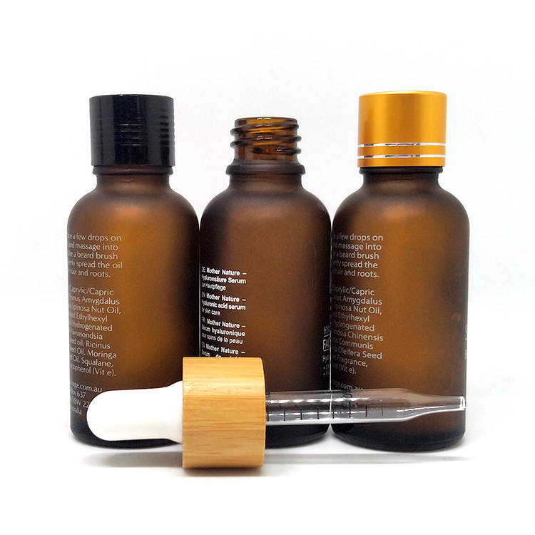 High quality 1oz essential oil frosted amber glass dropper bottle with aluminum screw lid