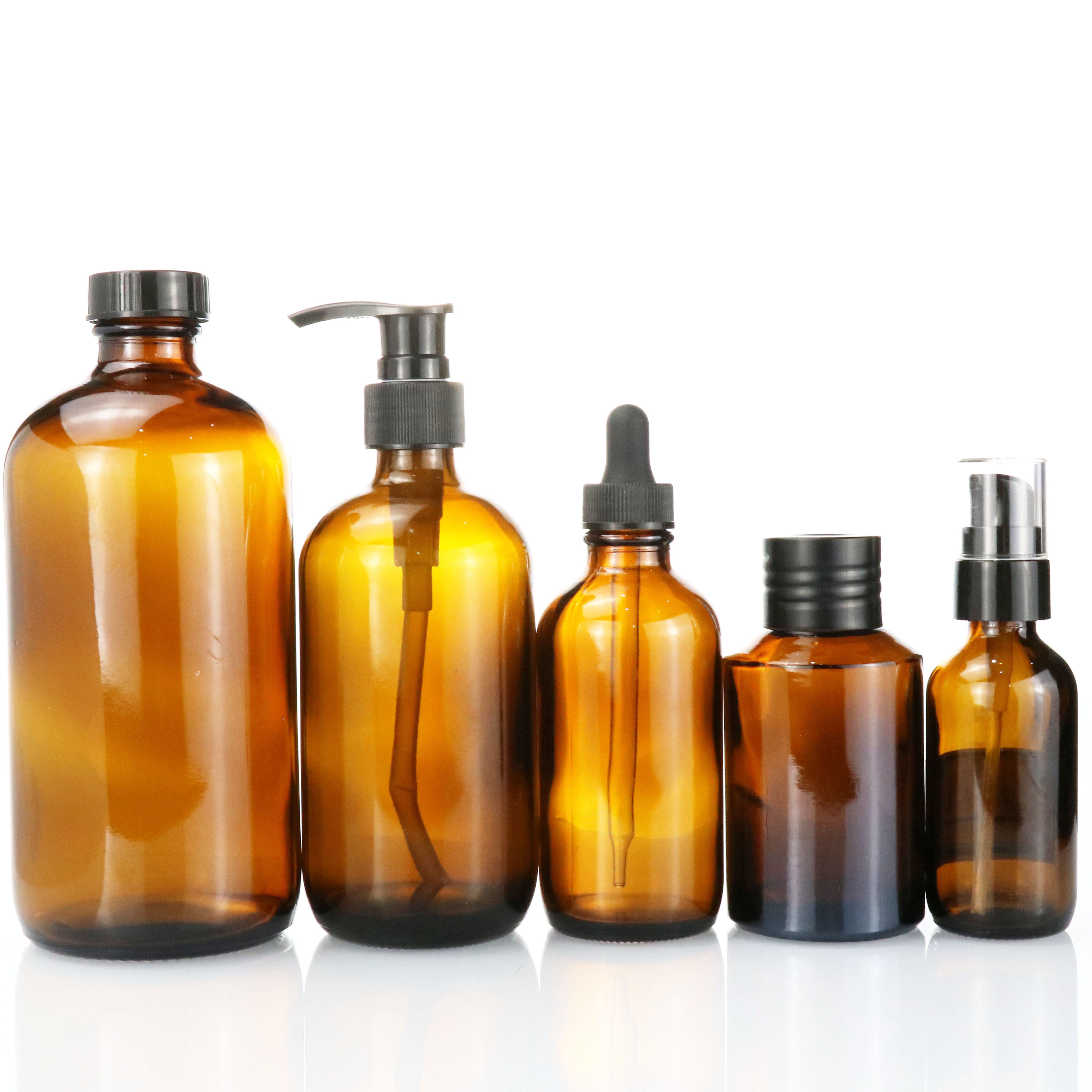 High quality 250ml 500ml 8oz 16oz amber glass boston bottle with black lotion pump wholesale