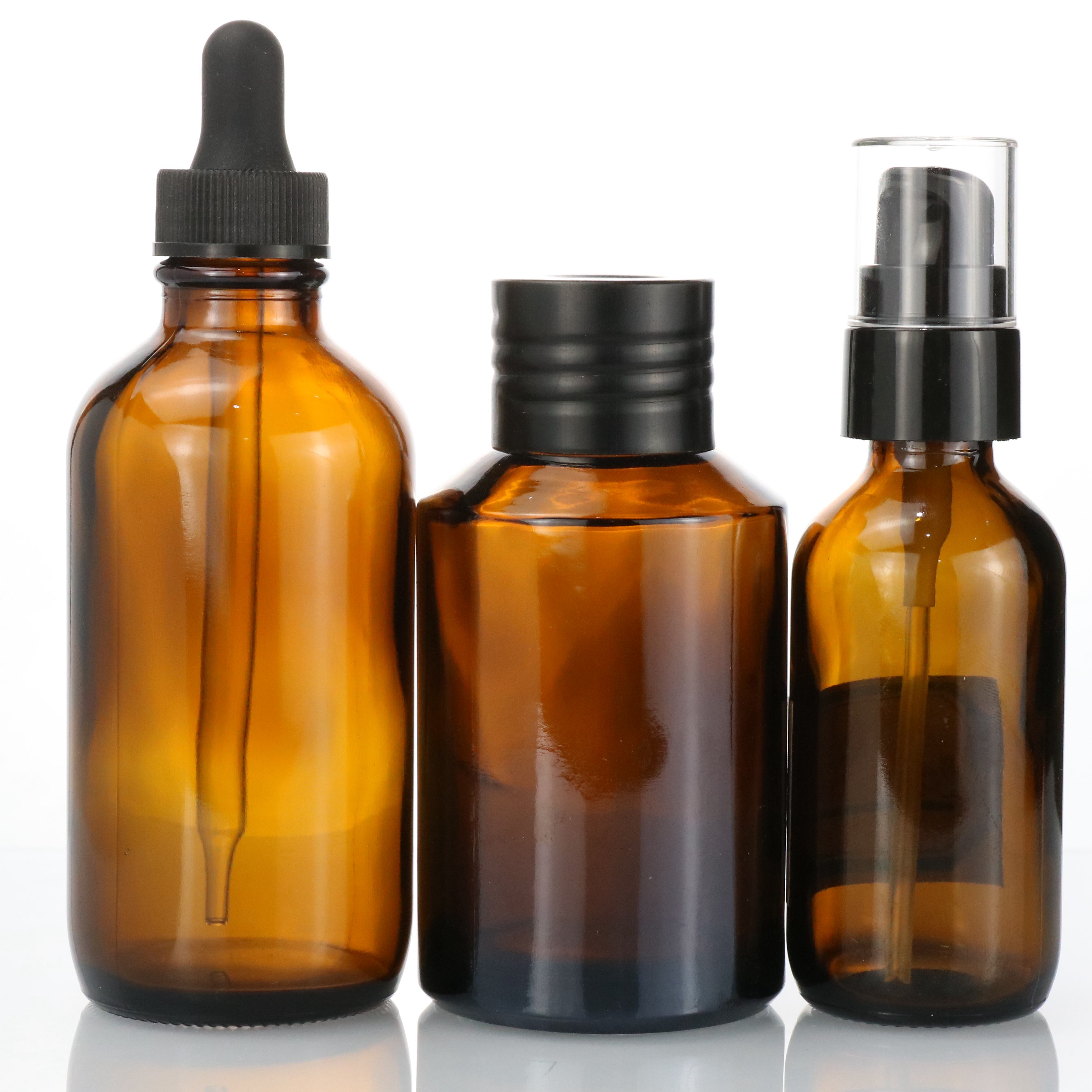 High quality 250ml 500ml 8oz 16oz amber glass boston bottle with black lotion pump wholesale