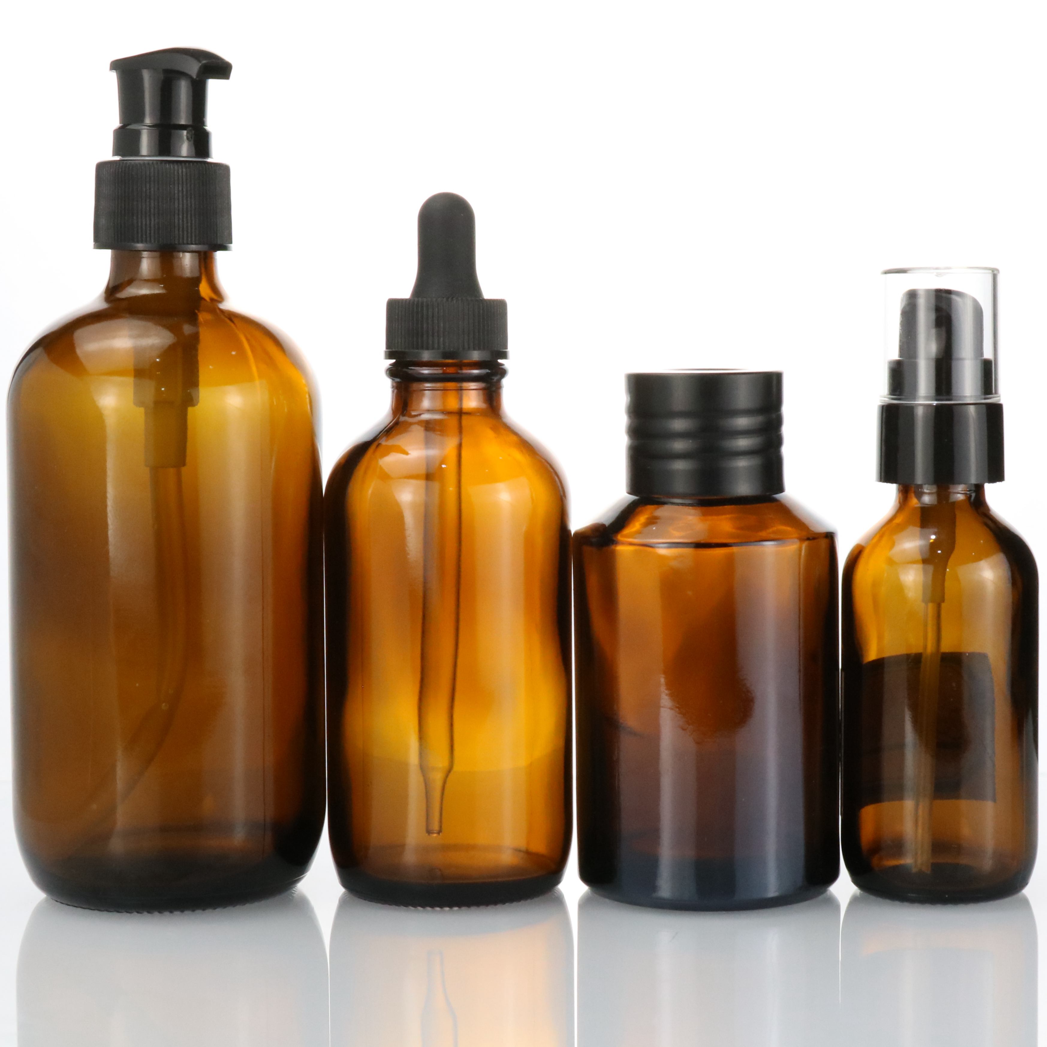 High quality 250ml 500ml 8oz 16oz amber glass boston bottle with black lotion pump wholesale