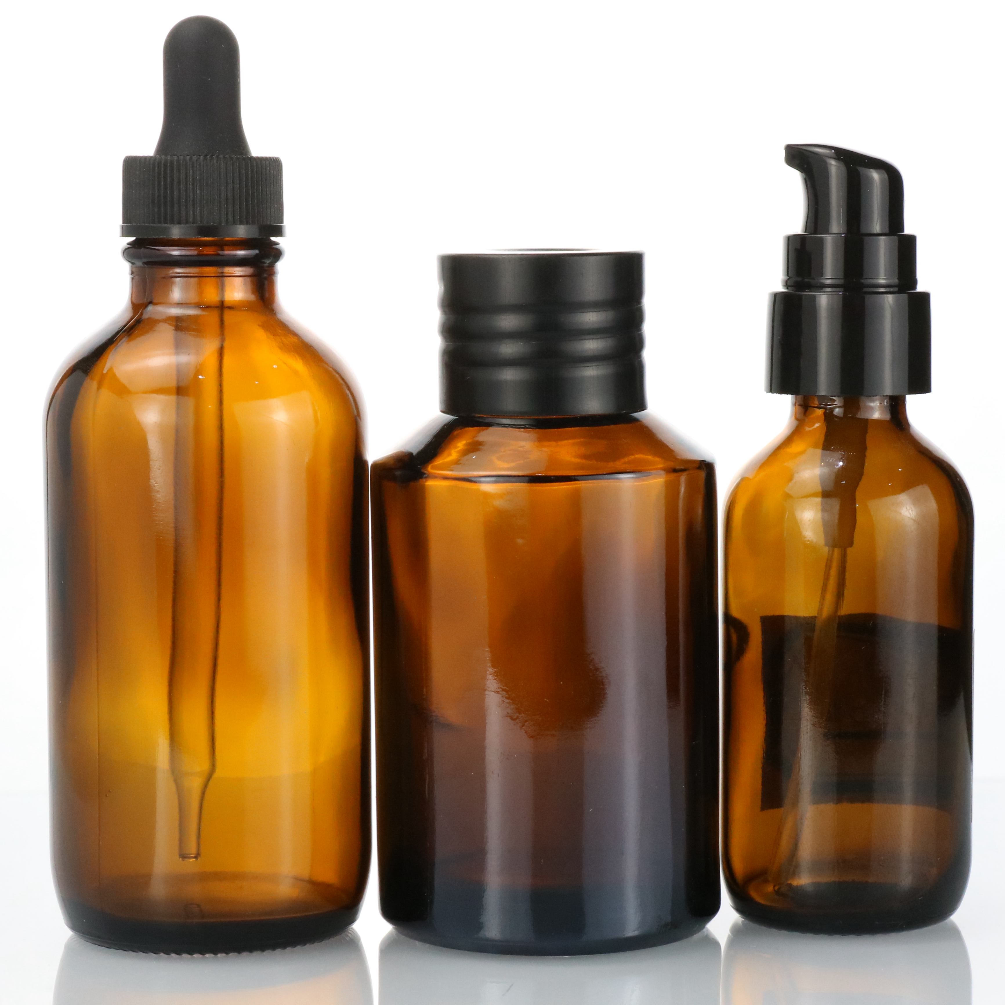 High quality 250ml 500ml 8oz 16oz amber glass boston bottle with black lotion pump wholesale