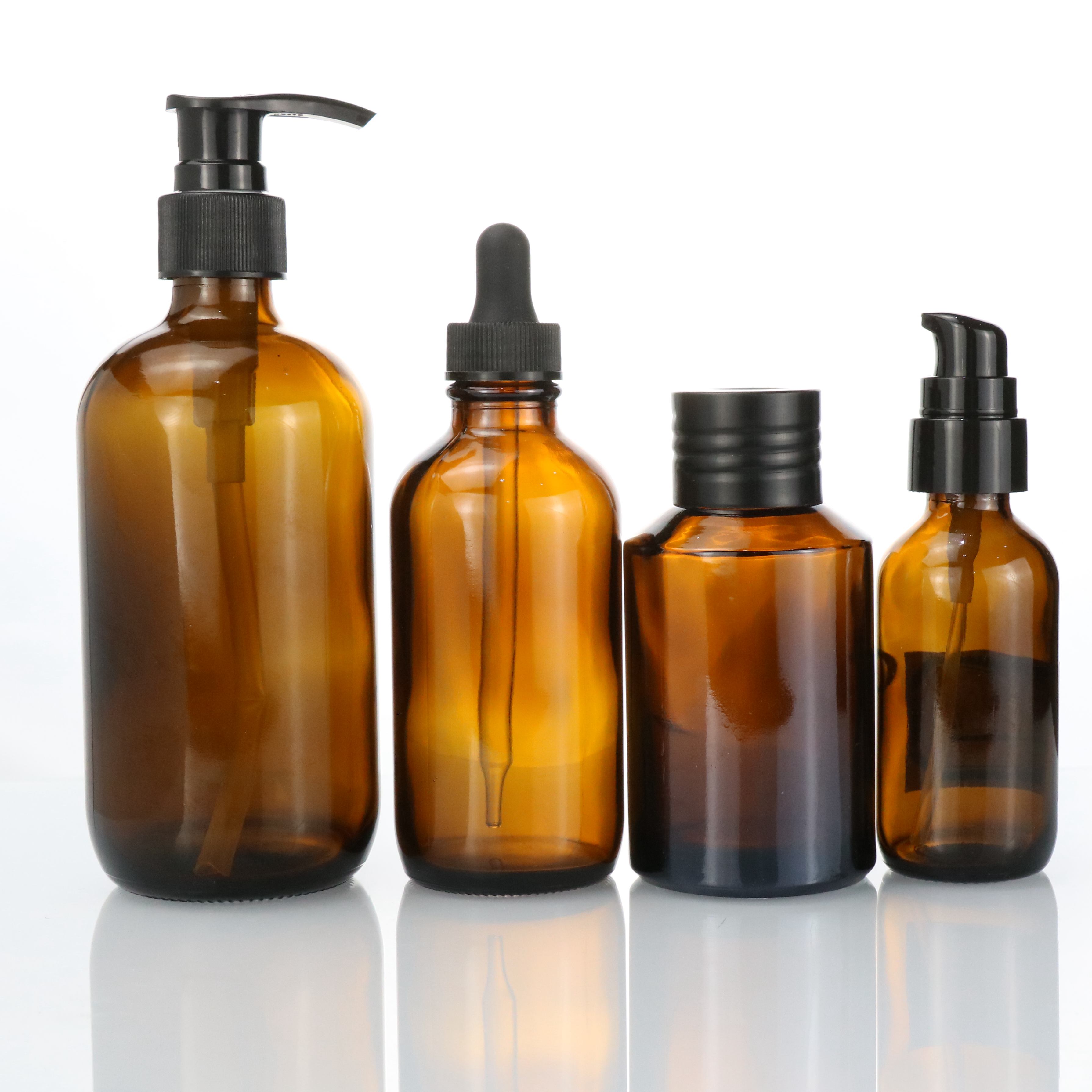 High quality 250ml 500ml 8oz 16oz amber glass boston bottle with black lotion pump wholesale