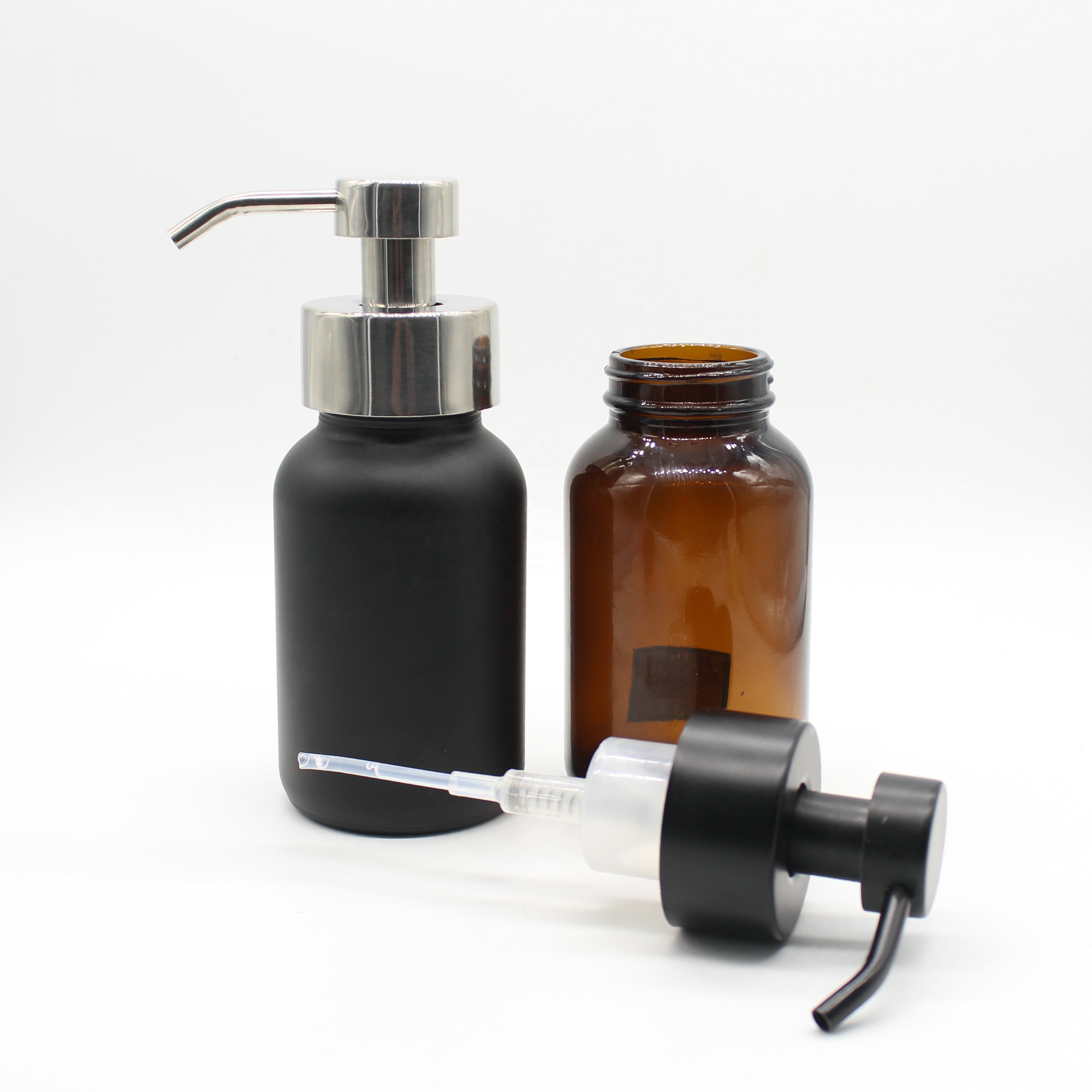 High quality 250ml amber round hand washing glass bottle with pump