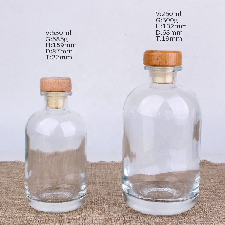 High quality 250ml clear round wine juice glass bottle with wood lid