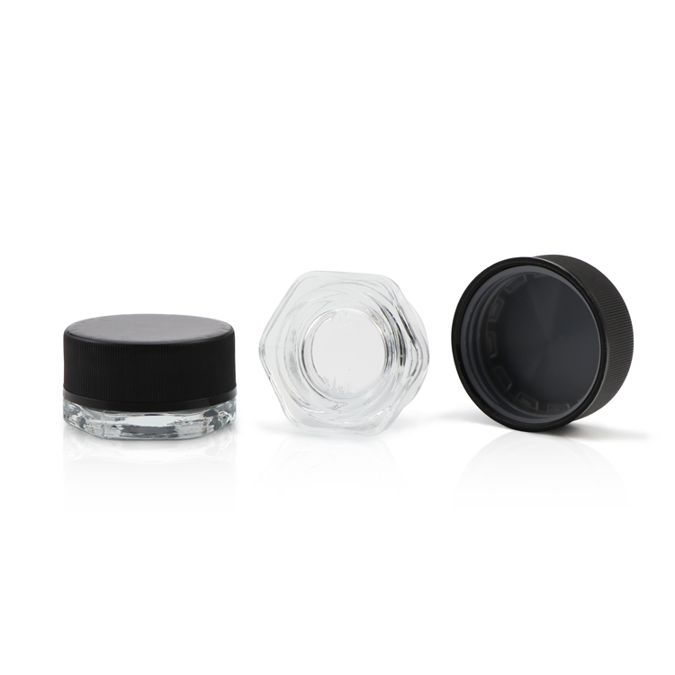 High quality 3 5 7 9 ml clear concentrate mini hexagonal container cbd oil hexagon child proof glass jars with black lid