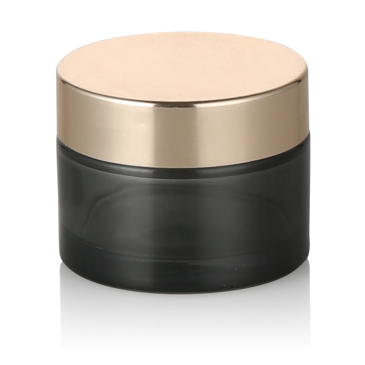 High quality 30g 50g 60g glass cosmetic jar frosted black  cosmetics glass jar with aluminum gold  lid
