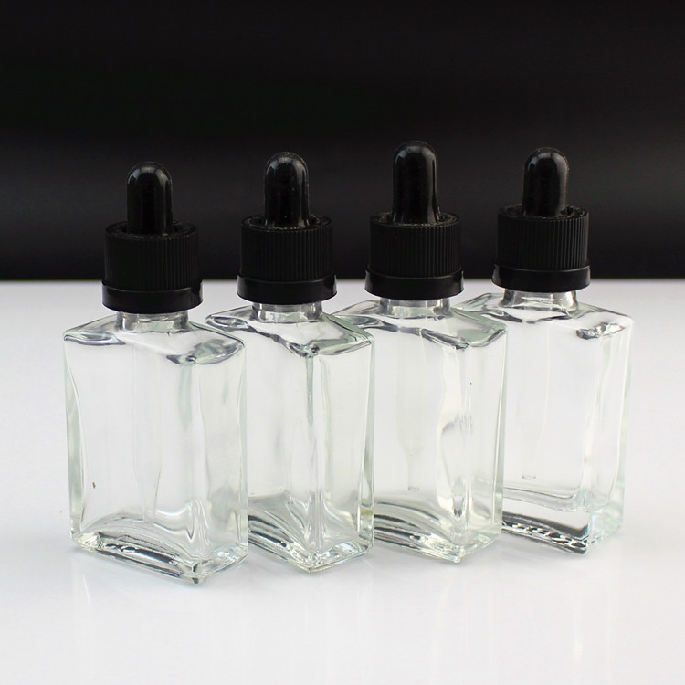 High quality 30ml Flat square clear glass essential oil bottle with dropper for cosmetics