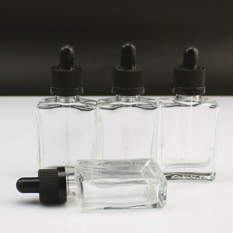 High quality 30ml Flat square clear glass essential oil bottle with dropper for cosmetics