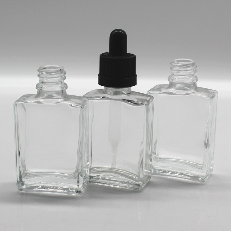 High quality 30ml Flat square clear glass essential oil bottle with dropper for cosmetics