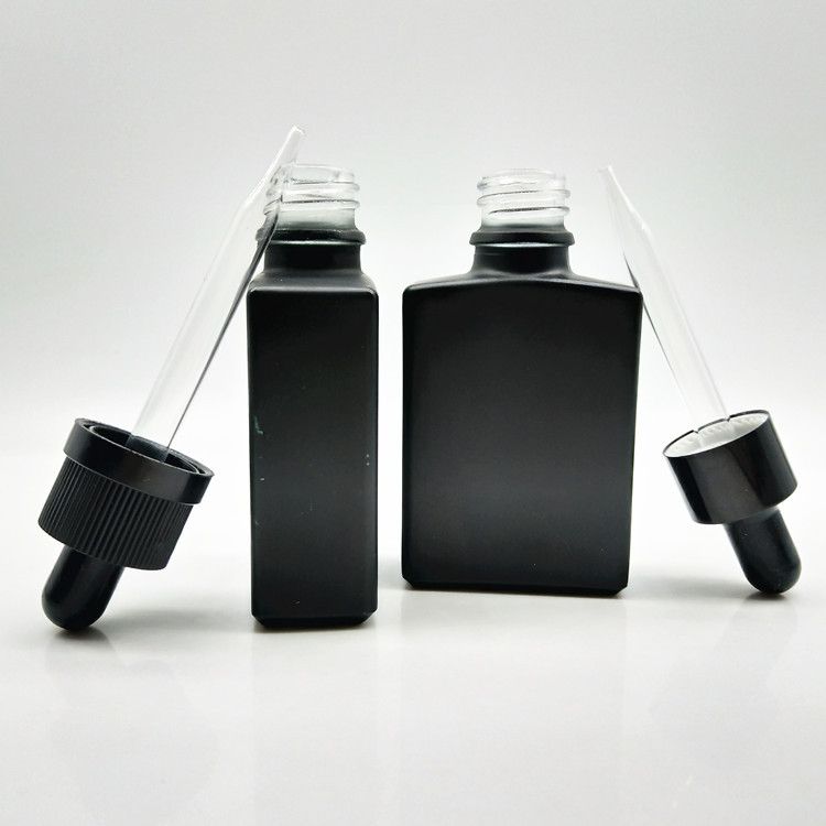 High quality 30ml Flat square matte black glass essential oil bottle with dropper for cosmetics