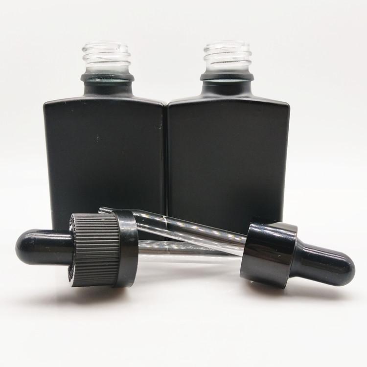 High quality 30ml Flat square matte black glass essential oil bottle with dropper for cosmetics