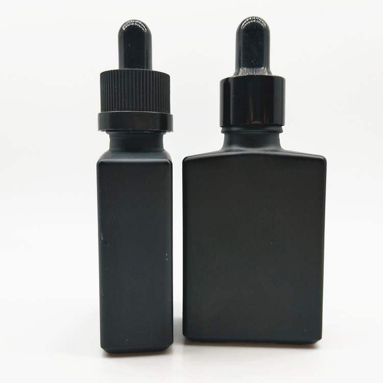 High quality 30ml Flat square matte black glass essential oil bottle with dropper for cosmetics