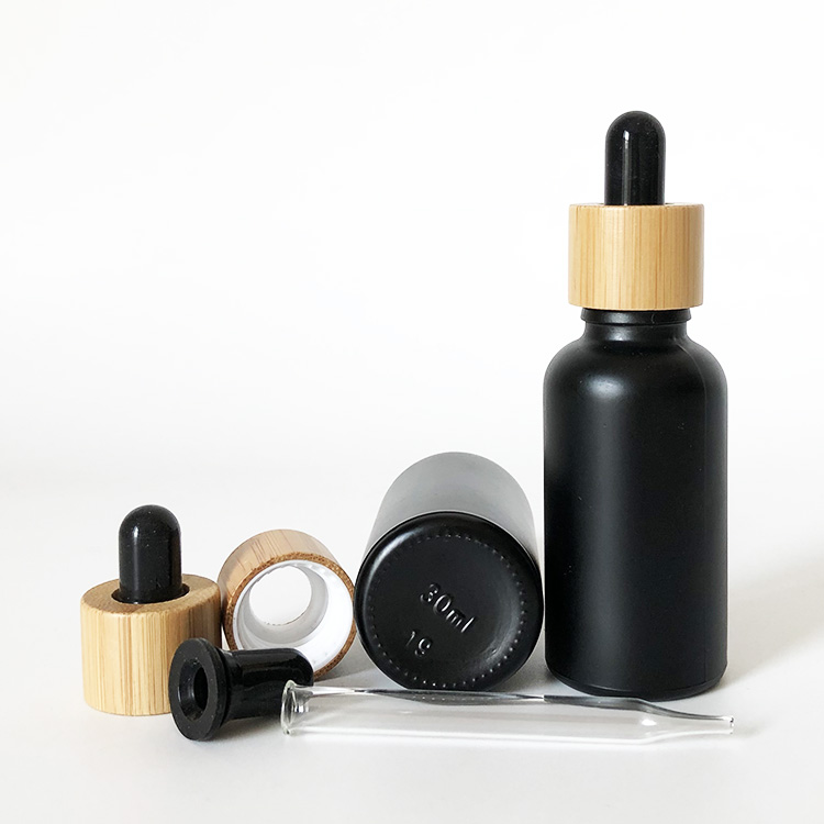 High quality 30ml black Glass Dropper Bottles, Essential Oil Bottle with wooden dropper