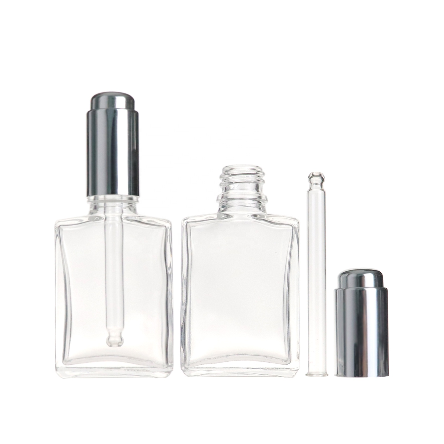 High quality 30ml empty face cream skincare cosmetic square glass dropper bottles with press pump dropper caps