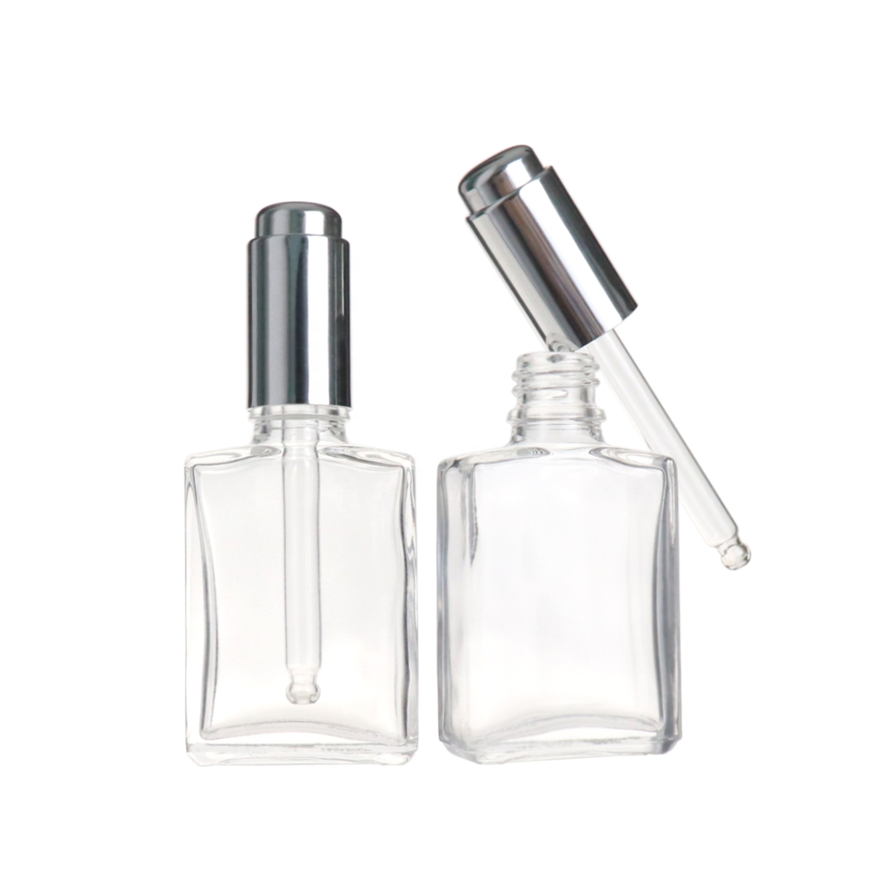 High quality 30ml empty face cream skincare cosmetic square glass dropper bottles with press pump dropper caps