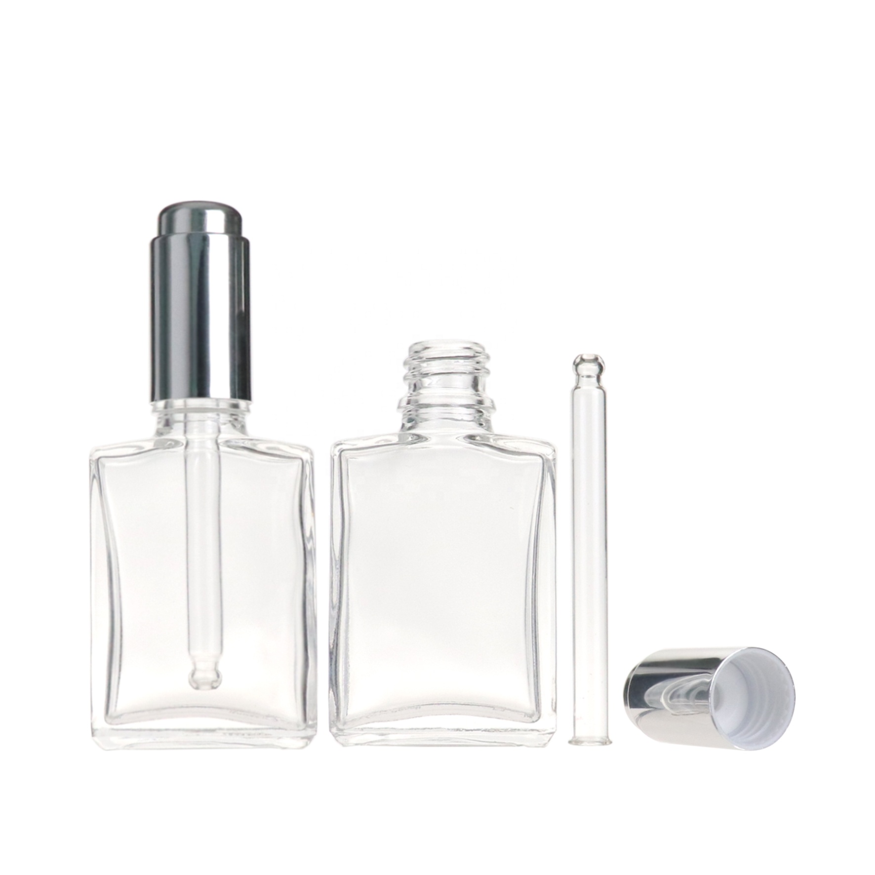 High quality 30ml empty face cream skincare cosmetic square glass dropper bottles with press pump dropper caps