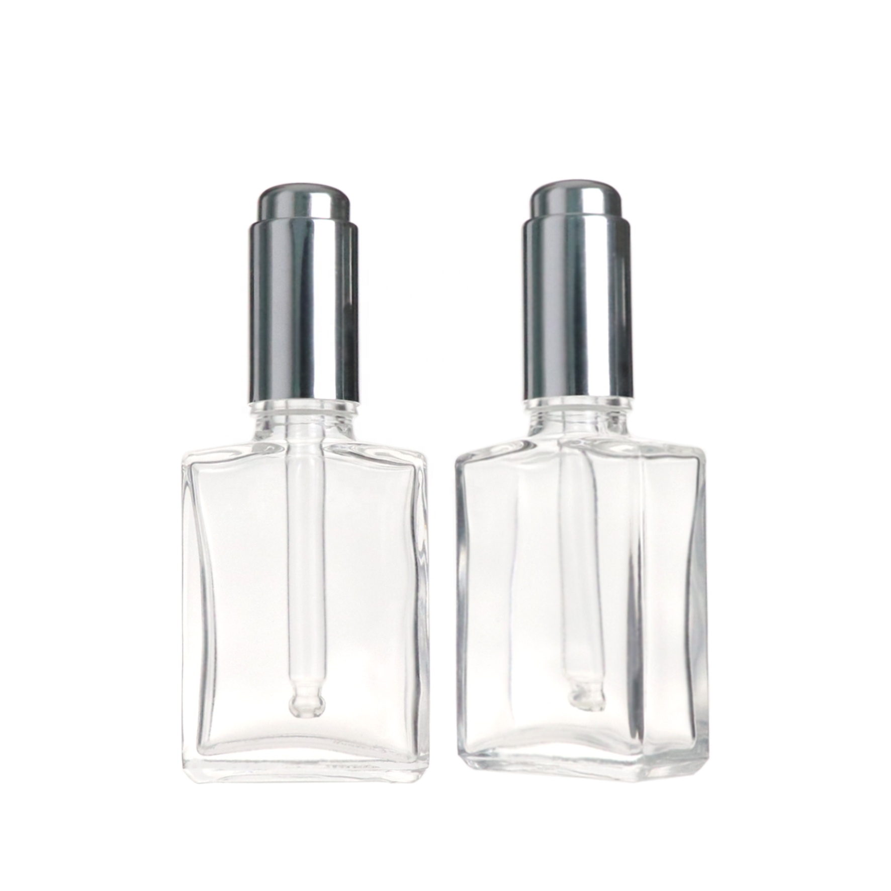 High quality 30ml empty face cream skincare cosmetic square glass dropper bottles with press pump dropper caps