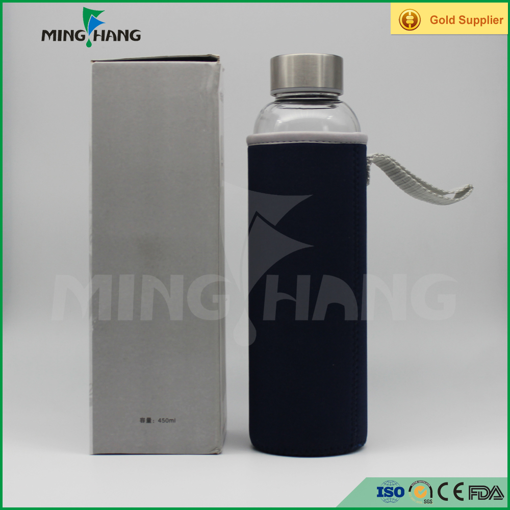 High quality 350ml 500ml borosilicate glass water bottle leakproof sport drinking water bottle with sleeve